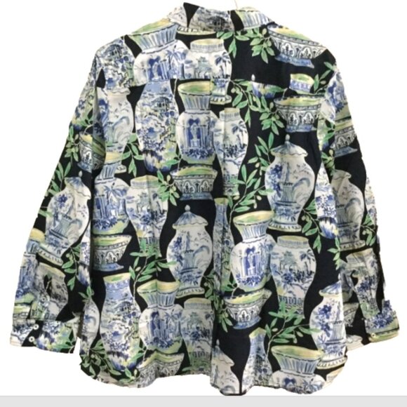 Talbots Women Size XLP Shirt Blouse Top Vases Navy Green White Button Front - Picture 7 of 7